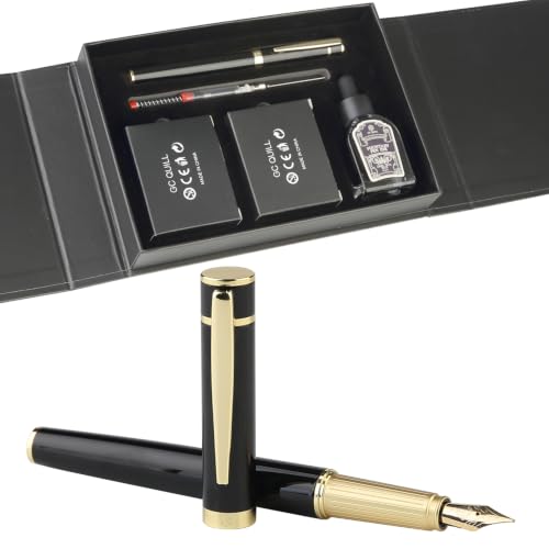 Fountain Pen Set, Elegant Executive Fine Nib Pen with Ink Converter, Refill Tool, Black & Assorted Cartridges, Bottled Ink, Gift for Journaling, Writing, Office and Beginners (Black & Gold) - color: Black & Gold