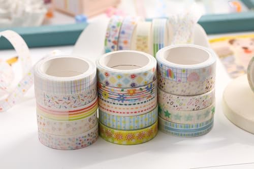 Cute Pattern Washi Tape Set 5 Rolls Glitter Cover Decorative Wide Kawaii Masking Tapes for Arts, DIY Crafts, Journals, Planners, Scrapbook, Wrapping (9 Dots & Stars) - color: 9 Dots & Stars