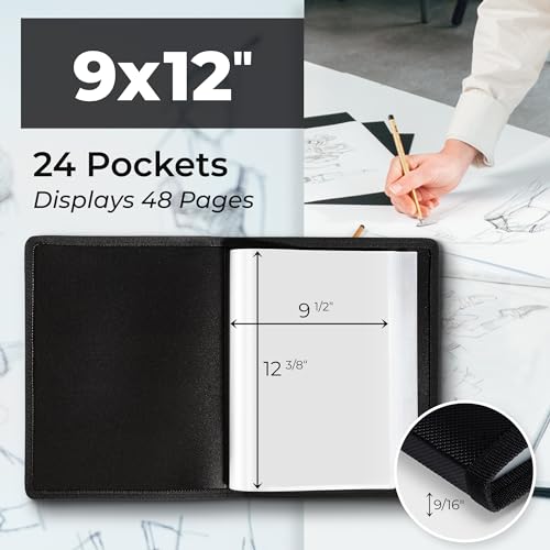 Dunwell 9x12 Art Portfolio Binder, 24 Pockets, Displays 48 Pages - color: Black, size: 9x12" w/ BLK Paper