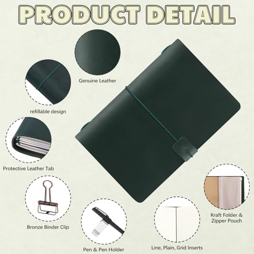 Thenshop Leather Travel Notebook 3 Inserts, Green, A5 Size - color: Green, size: A5 Size