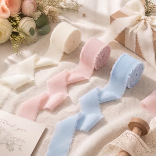 1" x 27 Yd Chiffon Silk Ribbon Set - 3 Rolls Handmade Fringe Chiffon Ribbon - color: Light Blue,Pink, Ivory