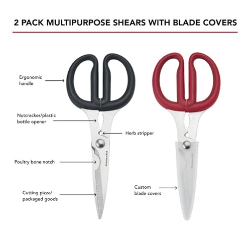 KitchenAid Multipurpose Shear Set, Versatile Scissors with Nutcracker, Bottle Opener, Ergonomic Handles with Protective Blade Covers, 2 Piece - color: Black, size: 2 Pack