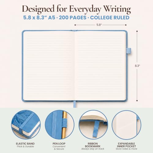 Lined Journal Notebook Hardcover Leather Bound 200 Pages A5 Blue Cute Diary - color: Blue, size: A5 200 Pages
