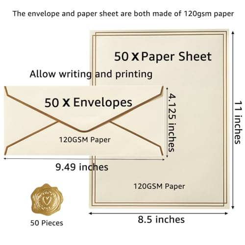 50 Pack Stationery Set with Envelopes, Cream Color, 8.5x11 Inches - color: Cream Color, size: 8.5x11 Inches