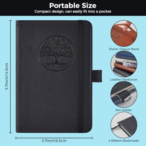 (3 Pack) Small Notebook Pocket Journal, 3.7" x 5.7", A6 Mini Notepad with Pen, for Women Men Work Writing Note Taking, Hardcover, Black Leather - color: 3 Black Tree, size: A6