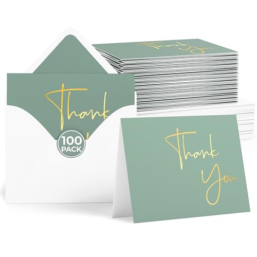 VNS Creations Thank You Cards With Envelopes - 100 Pack 4 x 6 - Green - color: Granite Green (Gold Foil), size: 100 Pack - 4" x 6" (Value Pack)