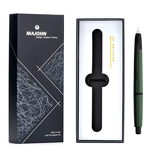 erofa Majohn A2 Press Fountain Pen Extra Fine Nib with Box, Retractable Green Resin Ink Pen with Converter Writing Set (Black Clip Version - color: Green--Black Clip