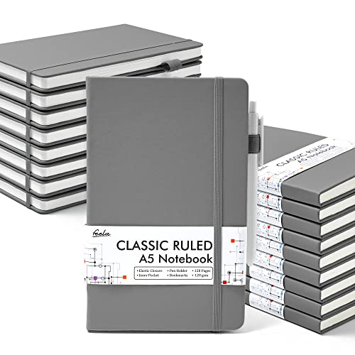 feela 18 Pack Journal Notebook for Work, Business Notebook Bulk Hardcover Lined Writing Journal with Pen Holder for Men Women Note Taking, with 18 Black Pens, 120 GSM, 5.1”x8.3”, A5, Gray - color: 18 Gray