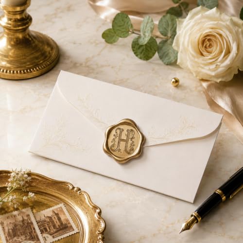 SWANGSA Antique Gold Initial Alphabet H Wax Seal Stickers, 50 Pcs Vintage Letter Self- Adhesive Envelope Seal Stickers for Wedding, Christmas, Invitation, Gift Wrapping, Party - color: Letter H, Antique Gold