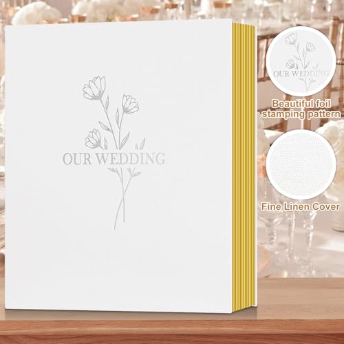 Lanpn Wedding Self Adhesive Photo Album Scrapbook 80 Pages, Linen Photos Albums DIY Sticky Magnetic Pages holds 4x6 5x7 A4 A5 Picture for Wedding (Large, 40 sheets, White) - color: OUR WEDDING - White, size: Sticky Page(13.2x12.9",80Pages)