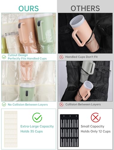 NiHome 35-Pocket Door Hanging Cup Organizer Fit for Stanley Tumbler 30 40oz | Large Capacity Over the Door Water Bottle Storage with Nano Tape, Waterproof Oxford Fabric, U-Shaped Handle Slots (Beige) - color: Beige (Upgraded), size: 75.2'' x 24.4"
