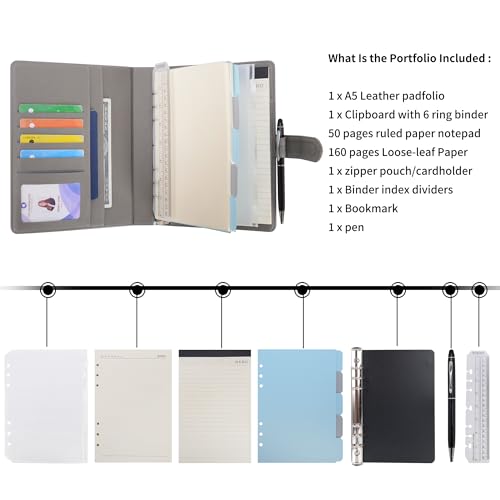 Wason A5 Binder PU Leather Journal Ring Portfolio Lined Notebook Refillable Paper Diary with Removable Clipboard Writing Notepad for Travel Business School Agenda Organizer (Grey) - color: Grey