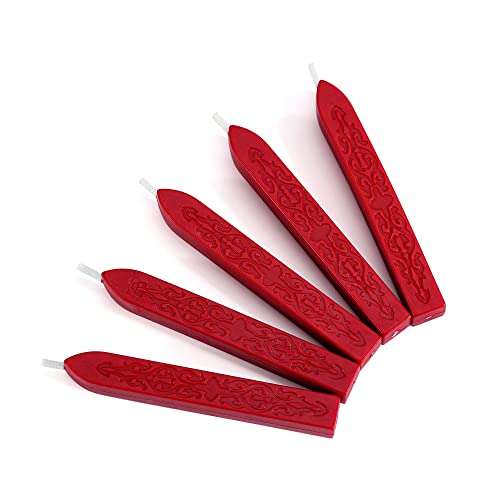 Yoption 5Pcs Bright Red Sealing Wax Sticks with Wicks for Wax Seal Stamp | Embossed Pattern Wax Sticks for Wedding Invitation, Christmas Card, Envelope, Snail Mail, Wine Package, Gift Wrapping - color: Bright Red