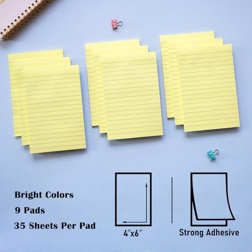 HQCME 9 Pads Lined Sticky Notes 4x6 in,Yellow Large Notepads with Lines - color: Yellow