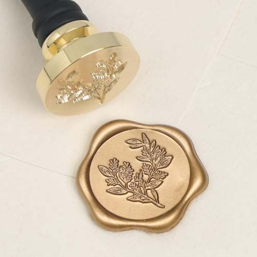 UNIQOOO Eucalyptus Wax Seal Stamp with Wooden Handle, Floral Botanical Theme Vintage Brass Stamp for Wedding Invitation, DIY, Gift Wrap, Envelopes, Christmas Card - color: Eucalyptus