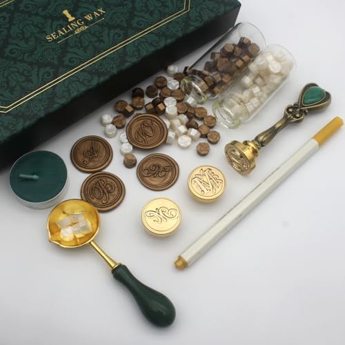 Letter Wax Seal Stamp Kit, Andotopee Wax Seal Kit Initial Alphabet M Sealing Wax Stamp Head 3pcs, Vintage Wax Stamp Seal Kit with Wax Seal Beads, Wax Seal Warmer Tools, Wax Seal Pen, Gift Box Set - style: Letter M Wax Seal Stamp Kit