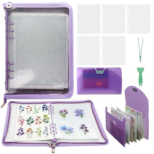 8-in-1 Sticker Organizer Binder, High‑Capacity A5 Reusable Sticker Book Collecting Binder with Storage Pages, Release Paper, Zipper Pouch, Mini Accordion Sticker Storage Album, Tweezers and Squeegee - color: Purple