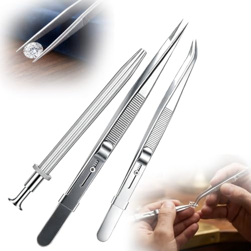 3-Pack Stainless Steel Diamond Tweezers Set with Slide-Locking Claw & Precision Tweezer - Jewelry Gemstone Bead Pickup Tool, Prong Grabber for Stone Setting, Watch Repair & Crafting