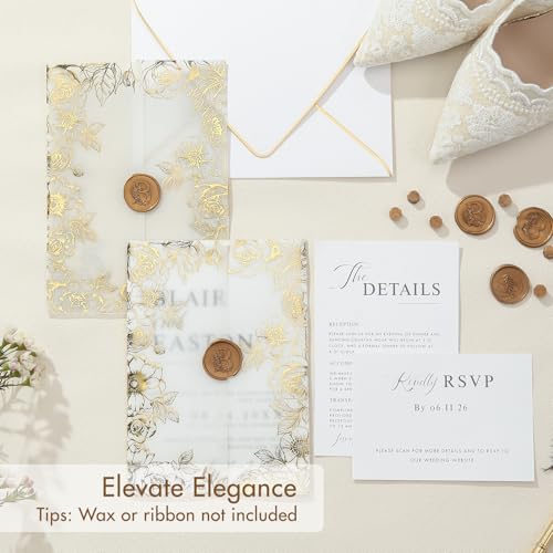 50 Pack Pre-Folded Vellum Jackets for 5x7 Invitations,AZAZA Gorgeous Translucent Invitation Sleeves,115GSM Vellum Jackets 5x7, Wedding Invitation Accessories,for Weddings Birthdays,Real Gold Foil Stamping Flower - color: 50Pack--Real Gold Foil Stamping Fl