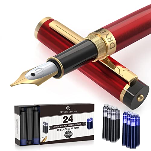 Dryden Designs Fountain Pen Medium Nib Gift Pouch - with 24 Ink Cartridges - MCM (Red) - color: Red
