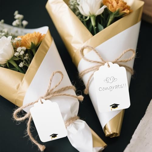 100Pcs Blank Gift Tags with String Foil Black Gold Grad Cap Large Paper Gift Tags with 65 Ft Jute Twine for Congratulations Graduation Congrats Grad Class of 2025 Party - color: Gold Black Graduation