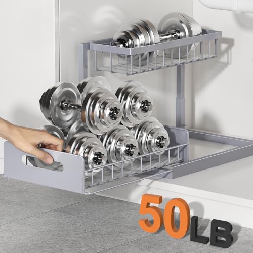REALINN Under Sink Organizer, L-Shaped 2 Tier Pull Out Cabinet Organizer - color: Grey, size: 2 Pack