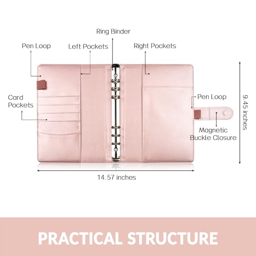 Sooez A5 Notebook Photocard Binder, 6 Ring Planner with Stylish Design, Loose Leaf Personal Organizer Cover with Magnetic Buckle, PU Leather Binder with Soft Colors (Rose Gold) - color: Rose Gold, size: A5