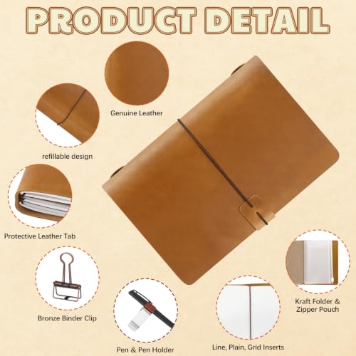 Thenshop Leather Travel Notebook 3 Inserts,Orange,A5 Size | Refillable Travel Journal with Pen Holder and Clip, Passport Notebook Accessories for Organizing Notes, Handmade Diary - color: Orange, size: A5 Size