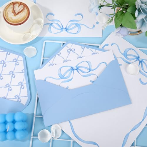 Whaline 30 Pack Blue Bow Stationery Paper Set Coquette Bowknot Letter Writing Paper with Envelopes for Birthday Baby Shower Invitation Office Printing, 8.5 x 11 Inch - color: blue