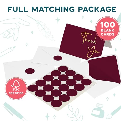 VNS Creations Thank You Cards With Envelopes - 100 Pack 4 x 6 Blank - Wine - color: Wine (Gold Foil), size: 100 Pack - 4" x 6" (Value Pack)
