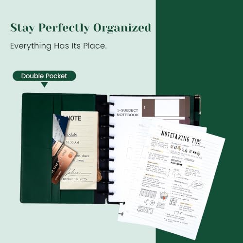 Hardcover Refillable Journal Notebook with Removable Divider Tabs, 300 Pages Leather 5 Subject Discbound Notebook College Ruled for Work School Note Taking,7.5x10" Lined Journal for Men & Women,Green - color: Green, size: Medium