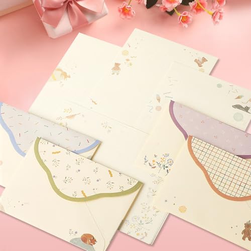 37 Pcs Stationery Paper Envelopes Set | Includes 24 Writing Paper & 12 Envelopes & 48 Stickers, Flower Cat Letter Writing and Stationery Paper Envelopes(4Style) - color: Cute