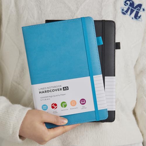 FOCUS DAY 2 Pack Lined Notebook Journals for Women/Men Work, A5 Leather Journal Notebook with Pen Loop, 100Gsm Premium Thick Paper, Inner Pocket, Medium 5.7"x8.4", Blue & Black - color: Black Blue