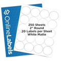 OnlineLabels 2" Circle Labels - White Matte - Inkjet/Laser - 250 Sheets - size: 250 Sheet Pack