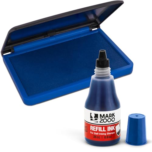 Mark 2000 Premium Blue Self-Inking Refill Ink + Stamp Pad - 2" by 4" - Quality Felt Pad - color: Blue, size: Ink bottle + (2" x 4") Stamp Pad
