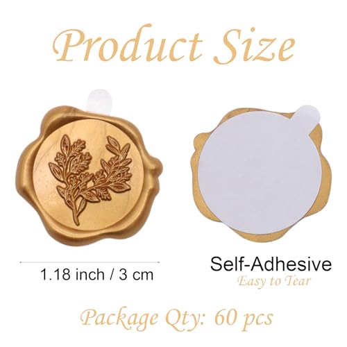 60pcs Eucalyptus Wax Seal Stickers, Andotopee Botanical Envelope Seal Stickers, Self-Adhesive Antique Gold Wedding Invitation Stickers, Real Sealing Wax Pre-Made, Great for Letter Seal, Gift Wrapping - color: Antique Gold