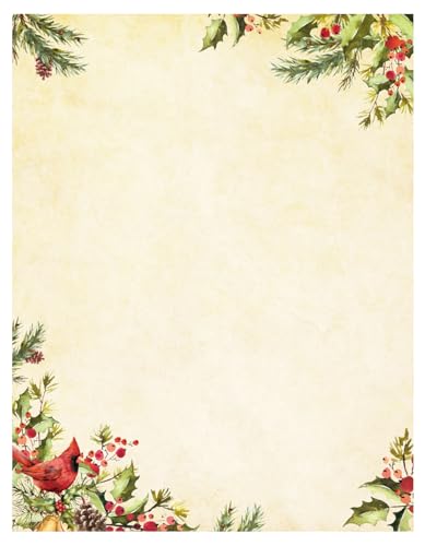 JarThenaAMCS 80 Sheet Christmas Stationery Paper Xmas Cardinal Bird & Holly Letterhead Letter Writing Paper for Holiday Greeting Card Invitation Office Printing, 8.5 x 11 In, Double-Sided - style: Cardinal Bird
