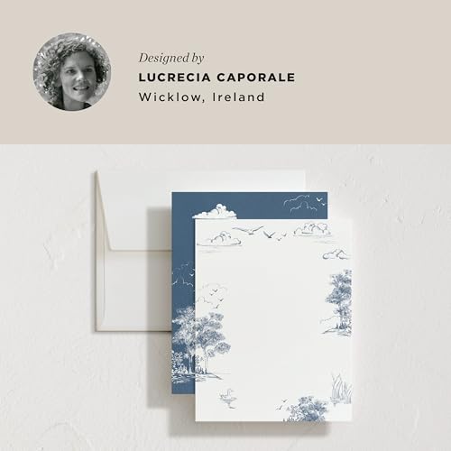Minted Lake Side Toile Stationery Set, Set of 10 Flat Note Cards & Envelopes for Invitiations and Handwritten Thank You Messages, Toile Design, Lake & Forest Scene, Gifts for Women, Luxurious Paper - color: Lake Side Toile