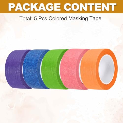 HARFINGTON 5pcs 1" x 11 Yard Colored Masking Tape Universal Crepe Paper Colorful Masking Painter Tape for Art Drawing DIY Handcraft Sealing, Dark Blue Green Pink Orange Purple - color: Dark Blue Green Pink Orange Purple, size: 1" x 11 Yard