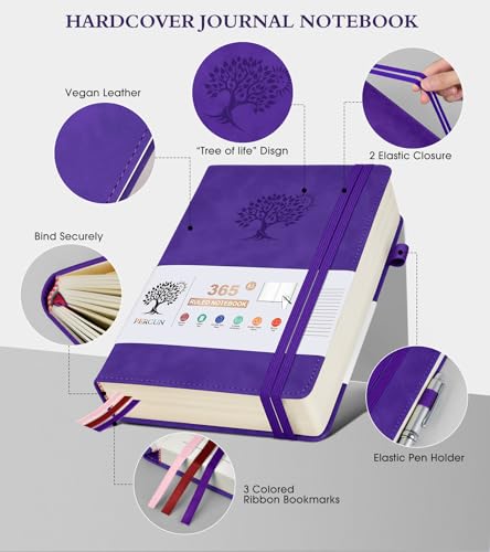 A5 Lined Journal Notebook - 365 Page Leather Journals for Writing Women & Men，Hardcover Notebook with 100Gsm Thick Pages，Daily Diary for Travel, Work，School，Note Taking，College Ruled (5.9" x 8.5") - color: Purple, size: A5