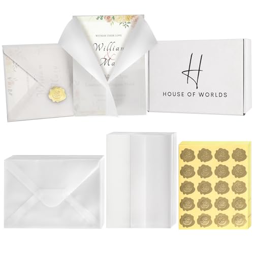 300 Pack Vellum Jackets for 5x7 Invitations Set includes: 100 Jackets, 100 Vellum Envelopes and 100 seal stickers. Wedding Invitation Accessories Kit. Easy to use Pre Folded Invitation Sleeves