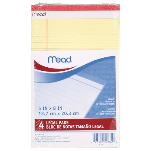 Mead Canary Junior Legal Pads, 5 x 8 Inch, 4 Pack 50 Sheets (59382) - size: 5" x 8"