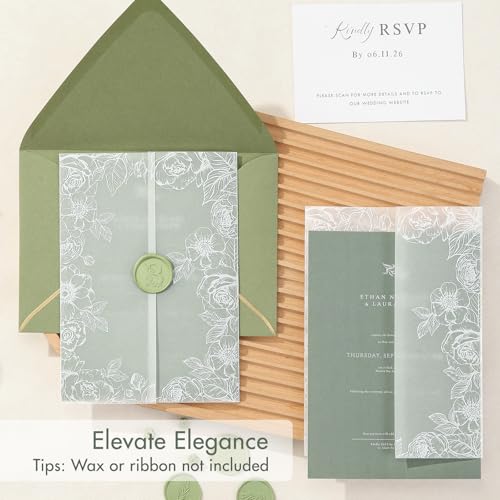 AZAZA 100 Pack Pre-Folded Vellum Jackets for 5x7 Invitations, Translucent Invitation Sleeves,115GSM Vellum Jackets 5x7, Wedding Invitation Accessories,for Weddings Birthdays,White Flower Border - color: 100Pack--White Flower Border