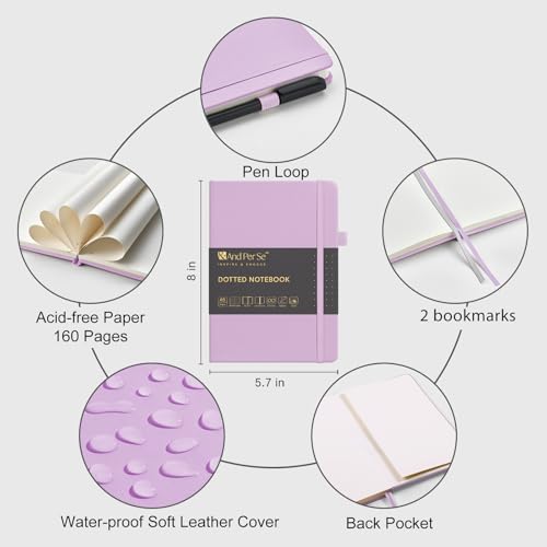 &And Per Se Dotted Notebook with Pen, A5 Hardcover Dotted Journal, 160 Pages 100GSM Thick Paper Dot Grid Journal with Fineliner Pen (Purple) - color: Purple, size: 160-Dotted