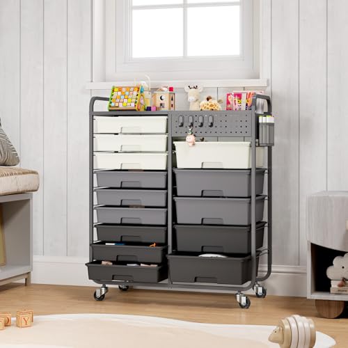 14 Drawer Rolling Storage Cart with Tabletop and Pegboard for Crafts Grey - color: Grey