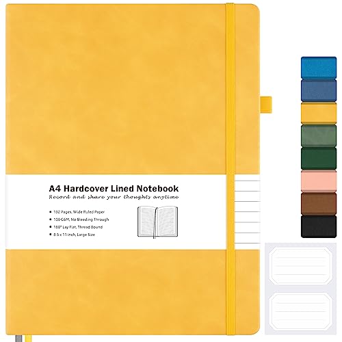 Lined Journal, 8.5" x 11" Hardcover Leather Notebook, No Bleed Thick Paper - color: Yellow, size: A4 Wide Ruled