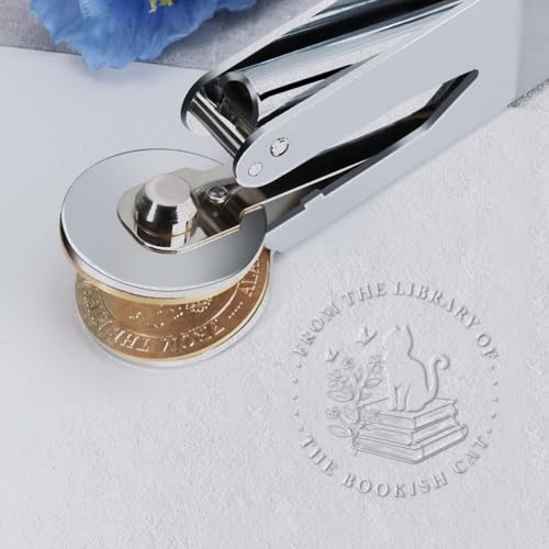 Silver Book Embosser Kit for Wedding Invitations, Journals Decor, Library Embosser Stamp Tool with Storage Box & 10 Pcs Gold Stickers, Gift for Book Lovers(Bookish Cat) - size: Cat Design-2