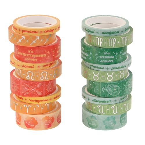 Washi Tape Set of 18 Rolls, Assorted Sizes, Decorative Tape for Journaling, Scrapbook, DIY Décor, Craft Supplies, Gift Wrapping, Metallic Foil, Celestial Orange and Green - color: Celestial Orange and Green