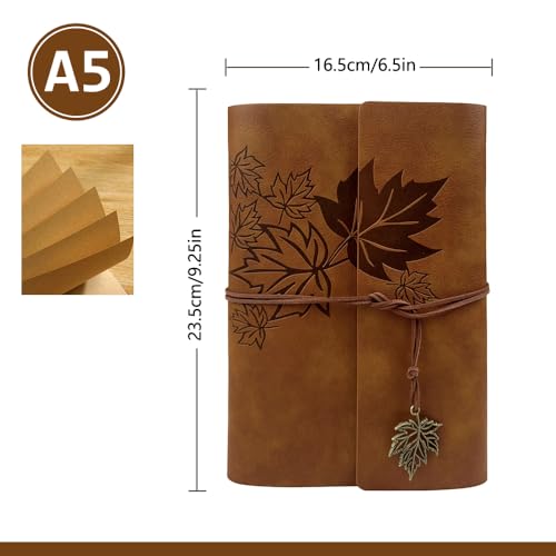Journal Notebook for Women Men, Khaki Leather Sketchbook Classic Spiral Bound Notebook with Unlined Kraft Paper Refillable Diary Travel Journals for Writing Ideal Gifts(Leaves,A5/Khaki) - color: Khaki