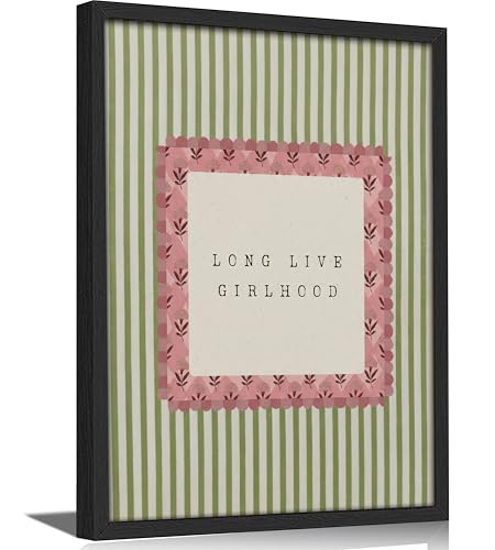 Framed 'Long Live Girlhood' Quote Wall Art, Pink Floral Green Stripe Canvas Print, Cute Girls Room Decor for Nursery Bedroom Playroom Living Room Guest Room - color: Floral-6, size: 10"L x 8"W